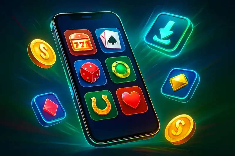 Glossy smartphone casino app banner with neon download icon and glowing tiles