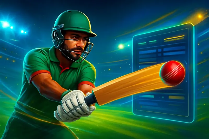 Cricket batter striking ball under stadium lights in dynamic sportsbook banner