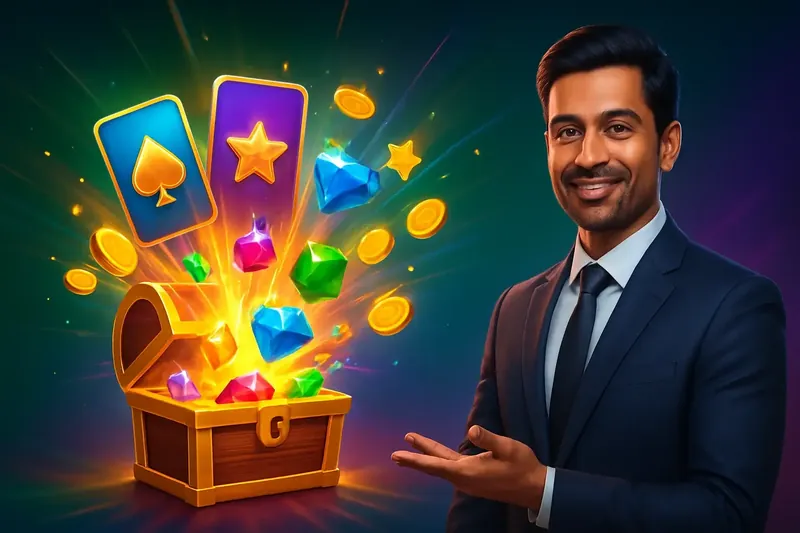 Glowing reward chest with cards, coins, gems, and stars bursting outward