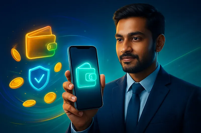 Hand holding smartphone with secure mobile wallet, coins, and speed light trails