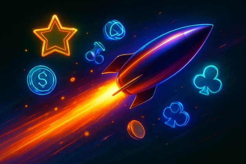 Glossy rocket launch casino banner with neon speed trail and game particles