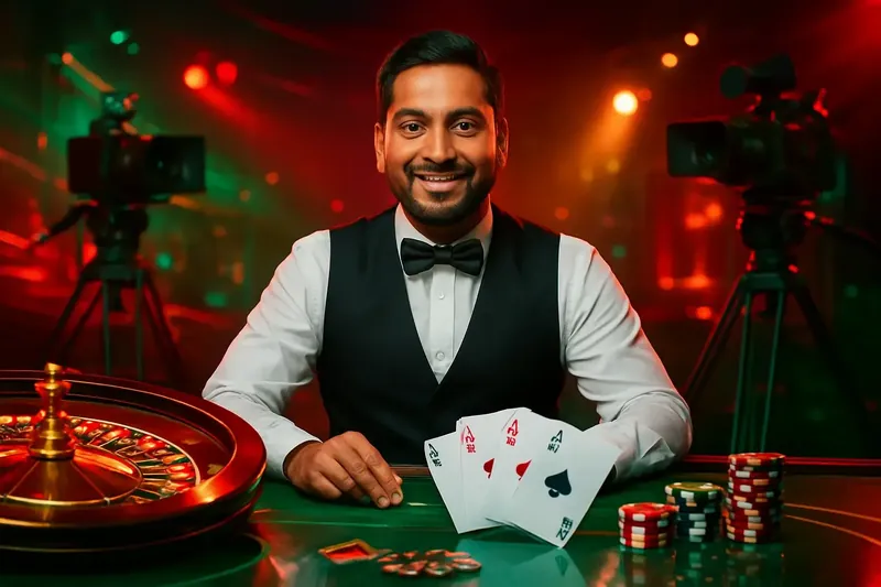 Friendly professional live dealer with roulette, cards, chips, and studio lights