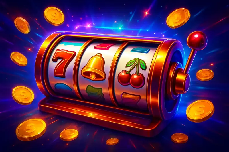 Colorful spinning slot machine reels with coins, neon glow, and sparkles